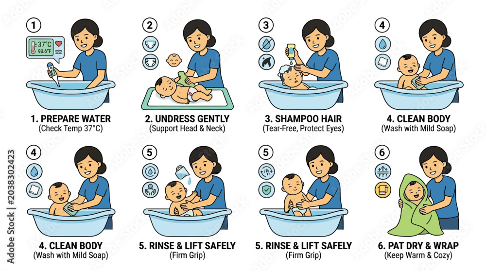 Infographic showing step by step guide for bathing a newborn baby with ...