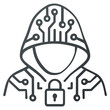 © Sowrov - Cyber security hacker hooded profile line icon illustration. Digital data protection and privacy concept featuring a circuit board pattern on the hood. Vector graphic for technology and coding.