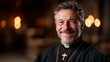 © Larisa AI - A smiling man in priest attire conveys a sense of warmth and kindness, highlighting faith, compassion, and community in a beautifully lit interior setting.