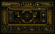 © Антон Сальников - Yellow aviation hazard control HUD with warning stripes, airplane icons, central radar target, caution panels, lock module, and dark grid background.