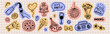 © Loya.art - Hand Drawn Birthday Party Doodle Sticker Set with Celebration Elements, Cute Retro Pastel Icons on Grid Background