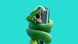 © Vivid_Vision - Green snake wrapped around vintage microphone on turquoise background