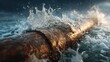 © Riru - Rusted pipe submerged in turbulent ocean waves, sunlight glinting off water