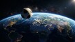 © Lucky - Football Floating Above Earth with Glowing Stadium Lights, Global Championship Concept