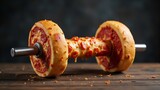 Unconventional weightlifting equipment featuring a barbell with pizza wheels and melted cheese, placed on a wooden surface with a dark blurred background