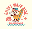 © luqart97 - Retro ice cream cartoon holding surfboard, fun summer vibes illustration, playful design for kids, stickers, T-shirts, posters, and seasonal branding