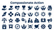 © Iconique Studio - Collection of compassionate action icons showing kindness care support love unity and community diverse symbols for human connection and empathy in a dark blue color palette