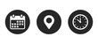 © Ayat04 - Map pin location icon set, date calendar and clock time symbols, minimal black circle vector illustration for appointment reminder, travel planning, business scheduling.