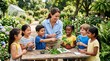 © imagemir - A joyful woman leads a diverse group of children in exploring plants at a vibrant garden, promoting curiosity and learning.