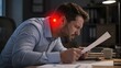 © Alena - Man grimacing in pain at desk in office, leaning over documents and clutching back of neck. Red glowing circle highlights intense neck ache or cervical strain. Male worker health problem concept layou