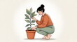 © Artfinity - Domestic gardening and plant care. Nature therapy and home hobby. Young woman kneeling and caring for a green potted plant in a peaceful indoor setting