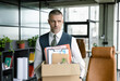 © be free - Last day at work. Upset office worker fired. Fired and unemployment with business man, office stuff. Job loss. Fired jobless employee. Unemployment crisis of man dismissed. Business man packing stuff