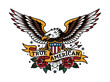 © black friend - American Eagle Tattoo Art: A classic tattoo design featuring a powerful eagle with outstretched wings, holding a shield and banner with the words True American, surrounded by roses and stars.