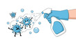 © Josim - Hand in a protective glove using a spray bottle of disinfectant to eliminate angry cartoon virus and bacteria germs.