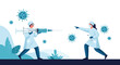 © Md Sorif - Medical professionals using a giant syringe as a weapon to fight virus particles, symbolizing the battle against a global pandemic.