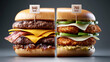 © Nick Freund - Zwei übergroße Burger nebeneinander im Vergleich mit Kalorienangaben auf Schildern.
