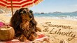 © Viktoryia - cute dachshund wearing star shaped sunglasses relaxing under beach umbrella with summer liberty text in sand, representing summer vacation, pet travel and patriotic holiday fun