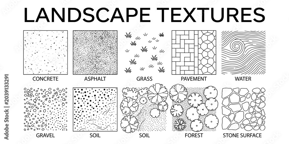 เวกเตอร์ Stock Landscape architecture CAD texture pattern set. Concrete ...