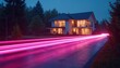 © Maryna - Bright pink light streaks on asphalt road lead to modern house at twilight. Implies fast data transfer and smart home tech. Internet connectivity concept.