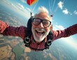 © Maryna - Elderly man joyfully skydives with guide overhead. He smiles widely with parachute open above vast landscape below. This tandem free fall shows pure freedom and thrill of adventure.