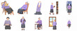 © Arne - Senior woman daily routine flat vector illustration set. Elderly grandmother reading, drinking tea, stretching, writing, and relaxing at home. Active and peaceful retirement lifestyle.