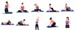 © Arne - Set of woman characters doing yoga and stretching exercises to relieve stomach pain and bloating