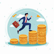 © bilal - Businessman climbing stacks of coins representing financial growth