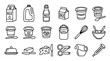 © Senja - Dairy Products Line Art Icons: Milk, Yogurt, Cheese, Butter, Creamer, Whisk, Bowl