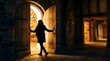 © Wandering - Person entering a warm illuminated room through wooden doors at night