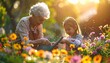 © Abdul Rosid - A warm smiling grandmother is gardening with her granddaughter in a sunny flower garden. They were seen compactly watering the plants using a manual sprinkler under the sunn