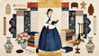 © Lumi Stock Studio - Traditional Korean minhwa folk art illustration of hanbok woman reading book with peaches scrolls vases and scholarly objects, oriental scholar art concept folk illustration with copy space