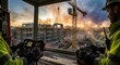 © Dinda - Construction Crew Operating Crane, Panoramic View of A Building Under Construction Site