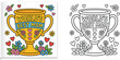 © MSTA - Mother's Day coloring page with World's Best Mom trophy, hearts and flowers vector illustration. Color and black and white outline activity sheet for kids.