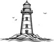 © ino - Detailed Vintage Lighthouse Standing on Rocky Island in Calm Sea