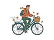 © Bening - Young man riding a bicycle with a backpack during a windy autumn day in flat style