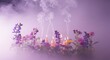 © KloberanJaya - Arranjo floral com velas acesas e fumaça subindo contra um fundo roxo.