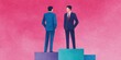© Phanupong - Two Businessmen Standing on Tiered Pedestals Discussing Corporate Competition Strategy Corporate Hierarchy Power Structure Leadership Comparison Strategic Business Vision Concept