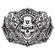 © Gamal - Vintage Mechanical Skull Emblem with V8 Engine Pistons and Spark Plugs.