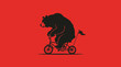 © Nisrina - Black bear silhouette riding a bicycle on red background.