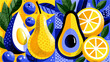 © Newleks - Vibrant pop art illustration showcasing fresh exotic and citrus fruits including avocados. Pears. Lemons. And blueberries