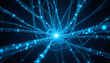 © KEVIN - Makroaufnahme eines intensiv leuchtenden blauen Lichts, das aus einem dichten Bündel dünner, technologischer Drähte und Glasfaserkabeln emittiert wird, abstraktes High-Tech-Design
