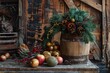 © nsit0108 - Festive christmas arrangement on a wooden barrel, featuring apples, berries, pine cones, and golden ornaments, creating a rustic holiday scene
