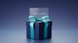 © Design Store - Elegant gift card on dark blue present box, luxury glass voucher with teal ribbon, premium shopping reward and holiday surprise concept