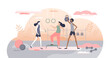© VectorMine - Gym fitness with fit workout activity and sport exercise tiny person concept, transparent background. Physical indoor activity for health, strength or good shape illustration. Athletic body gain.