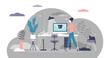 © VectorMine - Work from home concept, flat tiny person illustration, transparent background. Freelancer remote office workplace interior setup with desk, chair and computer.