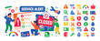 © Valentyna - Service Error Status banner, lively flat vector banner scene about unavailable services, booking errors, and facility alerts with 3 expressive stylized human characters interacting with one oversized