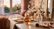 © photoplotnikov - Perfume bottle and makeup brushes arranged on vanity table in cozy bedroom near window at sunset