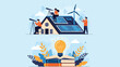 © Sadiq - Split conceptual illustration showing renewable energy sources like solar and wind power above a stack of educational books.