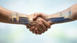 © praewpailyn - Industrial partnership double exposure logistics collaboration supply chain handshake with solar panel farm and power station symbol for renewable energy agreement and sustainable cooperation