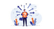© Mitu - Puzzled businessman holding a large orange question mark surrounded by many directional blue arrows representing a difficult career choice.